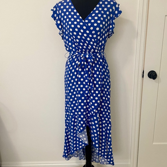 Grecerelle Spring Dress, V Neck Maxi,  Blue/White Polka Dots, M, EUC - Picture 2 of 9